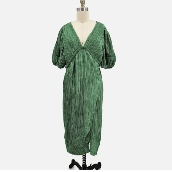 Anthropology Green Pleated V Neck Midi Dress Size Large - Picture 1 of 7